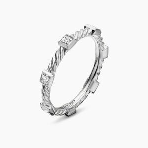David Yurman Stations Stack Ring 18K White Gold with Diamonds - Size 7